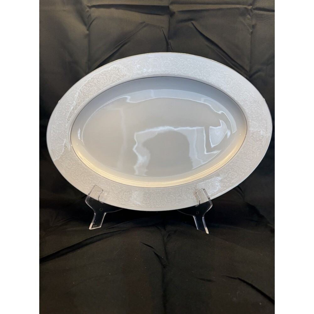 White Grace Concerto Fine China Japan Oval Platter with White Floral Rim Design